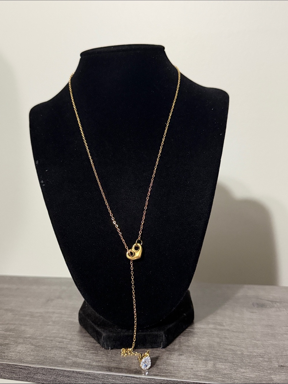 Gold plated stainless steel lariat heart & pear stone necklace